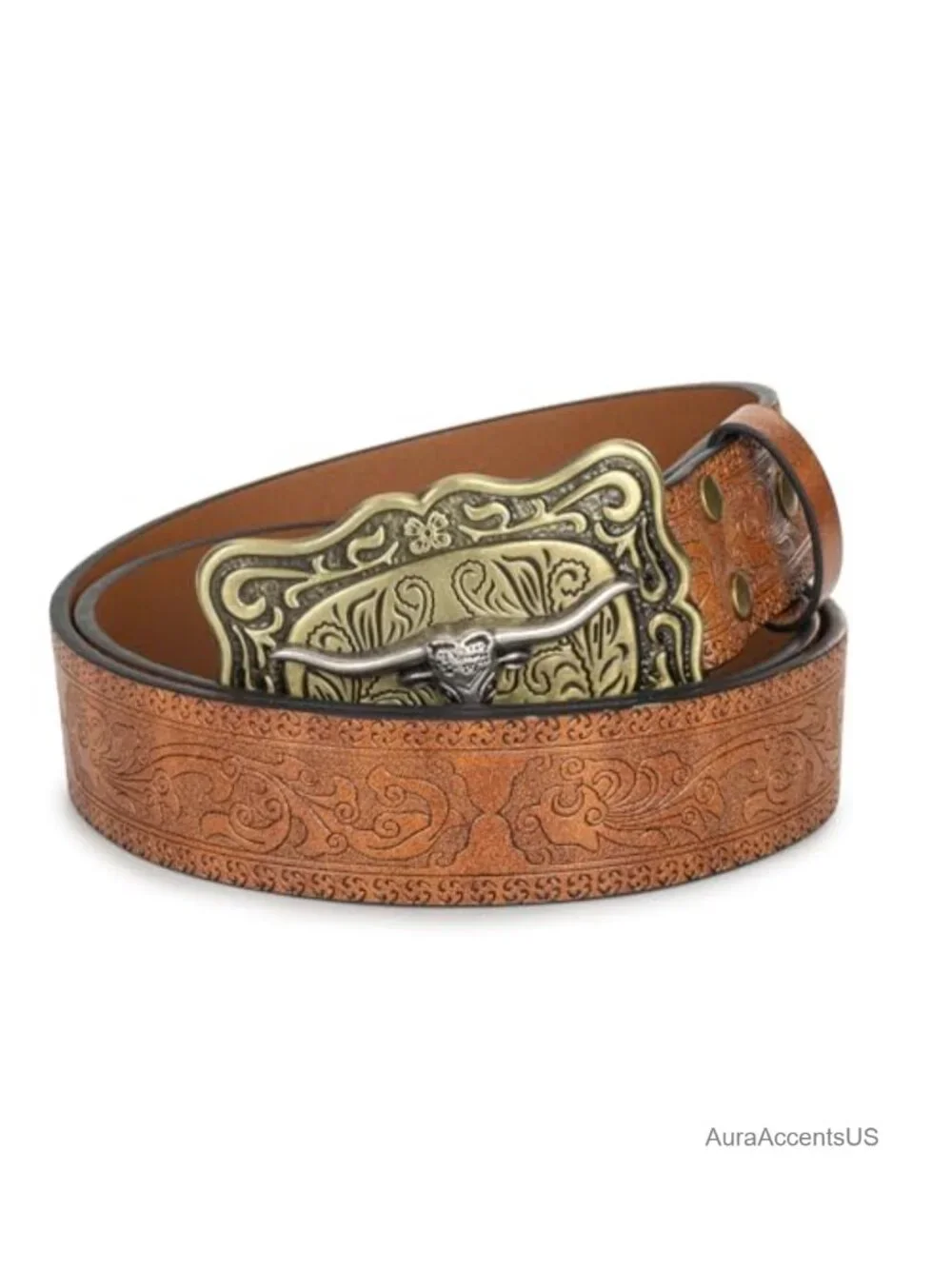 Cowboy Floral PU Leather Belt, Western Cow Head Buckle, Unisex Retro